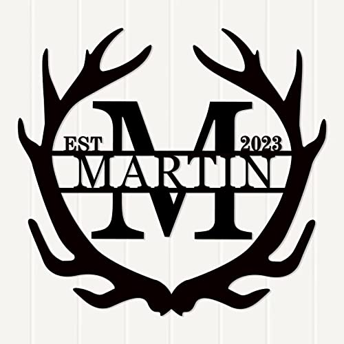 Deer Antler Decor with Family Last Name,Metal Buck Antlers Sign Antler Monogram sign Family Name Sign Outdoor Name Sign Anniversary Wedding Gift Cabin Wall Decor Art for Outdoor Lake House Lodge Camping
