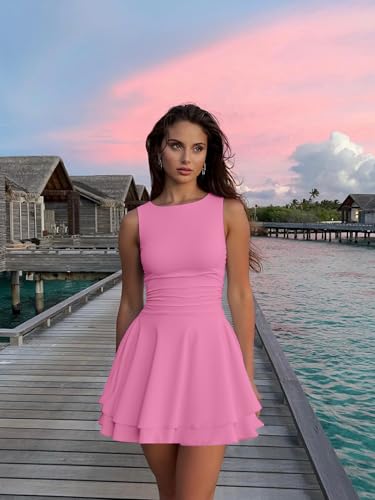 Image of Kaximil Women's Ruffle Hem Boat Neck Mini Dress Sleeveless Ruched Corset Short Party Dresses
