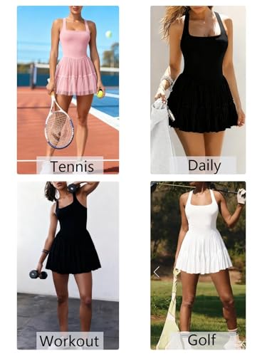 Jinsha Tenniskleid Damen Tüllstoff Minikleid mit Integriertem BH und Shorts Taschen - Ärmellos Sportkleid A-Linie Schwarz Weiß Polokleid Golfkleid Tennis Outfit Damen Gym Golf Sport Kleid