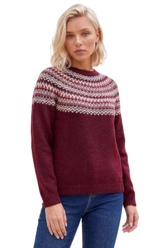 Image of Roman Fairisle Jumper for Women UK Ladies Stretchy Winter Autumn Sweater Casual Knit Knitwear Knitted Pullover Comfy Soft Thick Lightweight Dinner Party Office Work - Petite Burgundy - Size 8