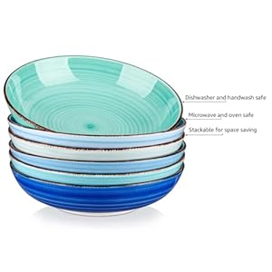 Vancasso bonita pasta bowls set of 6 38 oz shallow bowls ceramic pasta plates and salad bowls microwave dishwasher safe serving bowls blue  urban country home decor