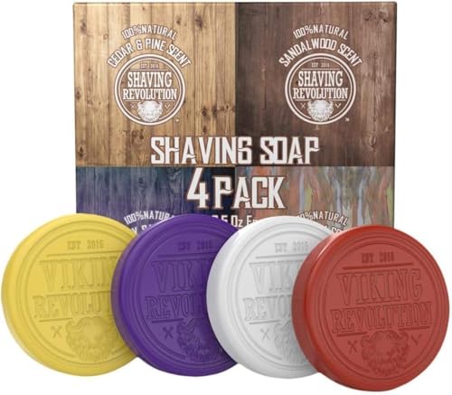 Viking Revolution Jabón Afeitar para Hombres - Jabon Afeitar para Usar con Brocha de Afeitar y Bol - Afeitado Húmedo más Suave - Pack Variado de 4 Disco de Jabón de Afeitar Cada 70 g