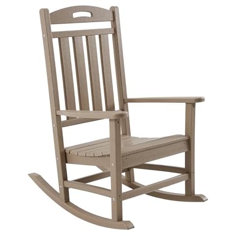 POLYDUN Outdoor Rocking Chair, Looks Like Wood, High Back Poly Lumber Patio Rocker Chair, 365Lbs Support, All-Weather Porch Rocking Chair for Lawn, Backyard, Indoor, Garden, Weathered Wood Cover