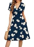 WEACZZY Women Summer Casual Short Sleeve Dresses V-Neck Floral Sundress with Pockets,Floral Navy Lily,XL