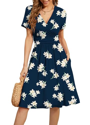 Image of WEACZZY Women's Summer Short Sleeve Casual Dresses V-Neck Floral Party Dress with Pockets