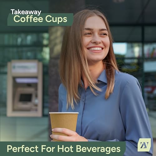 Zuvo 100 x Kraft 12 Ounce Ripple 3 Ply Disposable Insulated Paper Cups for Tea Coffee Cappuccino Hot Drinks, Brown