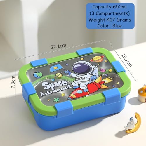 Image of Motka Kids 650 ML Lunch Box Set with Insulated Lunch Bag | 3 Compartments BPA Free Leakproof, Bento Snack Container for School, Travel & Picnic | Cute Cartoon Design for Boys & Girls (Blue)