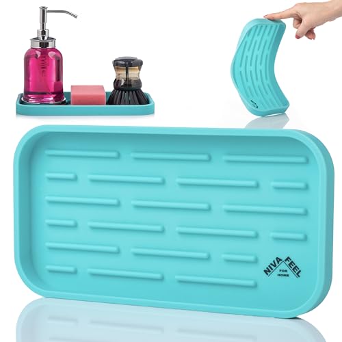 Nivafeel Soap Tray for Kitchen Sink – 9.65 x 4.93-inch Silicone Soap Dish – Kitchen Caddy Sink Organizer for Soap, Sponges, Cleaning Supplies – Anti-Slip Sponge Holder for Kitchen Sink – Turquoise