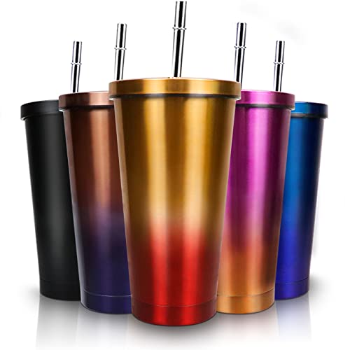 TOPAHGOD Travel Mug with Lid and Straw - Stainless Steel Coffee Insulated Cup - Vacuum Coffee Mug for Hot and Cold Coffee/Water/Tea - Reusable Coffee Cups for Home/Park/Office (Orange, 500ml)