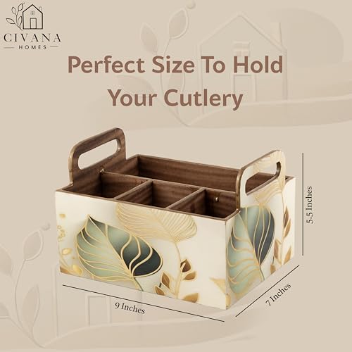 Image of CivanaHomes Wooden Cutlery Holder with Gold Engraving | Pack of 1 | Size : 9 x 7 x 5.5 inch | Enamel Coated Waterproof | Cutlery Holder for Dining Table | (White Leaf)