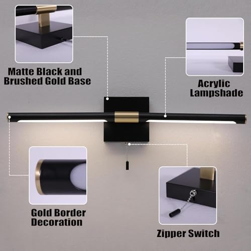 Image of 24 Inch Black and Gold Bathroom Vanity Light with Pull Chain Switch, Modern Over Mirror Wall Sconces Lighting, 6000K 360 Bath Light Fixture with Adjustable Lamp Tubes