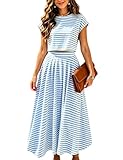 Zontroldy Women's Summer 2 Piece Outfits Striped Skirt Sets Cap Sleeve Crop Top Midi Dress Matching Travel Outfits(1535-Blue-L)
