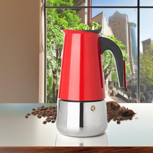 Image of Mixpresso 9 Cup Greca Moka Pot Red Stainless Steel Stovetop Espresso Maker | 450ml /15oz Italian stovetop coffee maker with classic percolator design, ideal for preparing coffee at home or while camping
