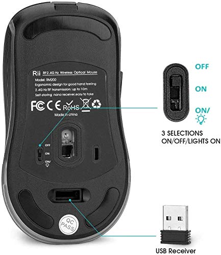 Rii Rm200 Wireless Mouse,2.4G Wireless Mouse 5 Buttons Rechargeable Rgb Wireless Mouse With Usb Nano Receiver,3 Adjustable Dpi Levels,Colorful Gaming Mouse For Notebook,Pc,Computer-Black #TOP5