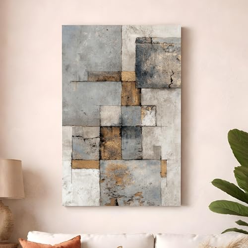 Image of Abstract Textured Stretched Canvas Painting For Living Room | Concrete Geometric Stretched Canvas Wall Art For Livingroom Home Decor, Bedroom, Hallway's, Office, Hotel - 56x86 cm