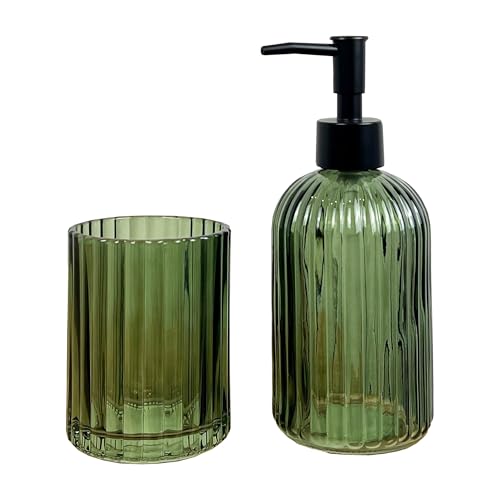 2 Piece Dark Green Ribbed Glass Bathroom Sink Accessories Set Liquid Soap Lotion Dispenser Tumbler/Toothbrush Holder Cup