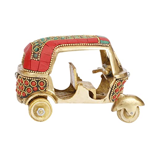 Kartique Brass Auto Rickshaw Handcrafted Indian Souvenir | Tuk Tuk Vehicle Decor | Stone-Studded Showpiece & Gift Item (Red)