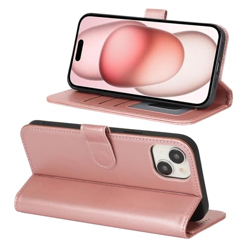 Image of for iPhone 15 Case Wallet with Card Holder,for iPhone 15 Wallet Case for Women Men,PU Leather Shockproof Magnetic Buckle Stand Flip Phone Case-Rose Gold