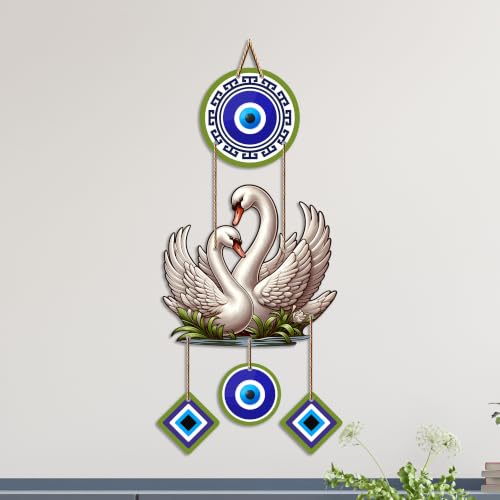 Image of Artvibes White Swan Couple Evil Eye Wall Hanging for Home Entrance & Main Door | Decorative Nazar Battu Vastu Decor for Living Room | Bedroom | Love Harmony Positive Energy Wall Accent (WH 85128N)
