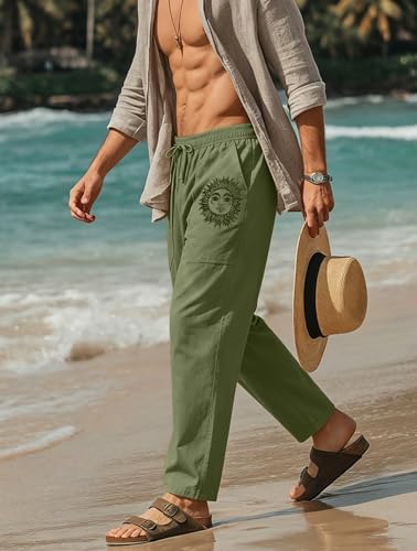 Image of Puimentiua Cotton Linen Pants Men, Summer Beach Pants Loose Fit with Elastic Waist Drawstring