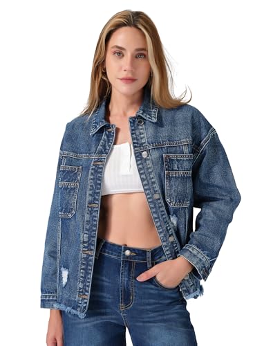 roswear Women’s Jean Jackets Long Sleeves with Fringe Oversized Distressed Denim Trucker Jacket Coat
