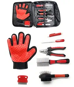 24x7 eMall Pet Grooming Kit Grooming Kit With Carry Bag for Dog and Cat with, Double-Sided Dog Comb, Deshedding Glove, Slick Hair Brush, Double Sided Pin Brush, Nail Cutter, Lice Comb, and Filer.