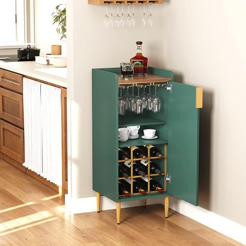 Image of ARTPOWER Mini Bar Cabinet for Apartment, Fluted Wine Bar Cart with Wine Racks & Wine Glass Holder, Modern Corner Liquor Cabinet for Living Room, Dining Room, Kitchen(Green)-2PCS