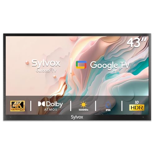 SYLVOX 43 Zoll Outdoor TV,4K Ultra HD Google Smart TV, 1000 nits Draußen Fernseher Google Voice,Bildschirmspiegelung, IP55 Wasserdicht, HBBTV, 60Hz. WLAN. DVB-/S2/T2 Partial Sun (Deck Pro 2.0)