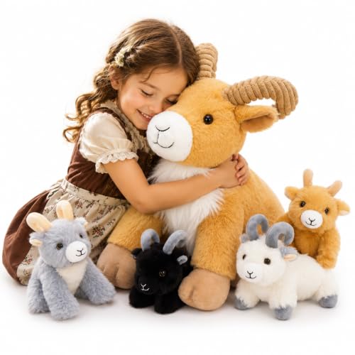 MorisMos Goat Stuffed Animal, 15" Mama Goat Plush with 4 Baby Goats