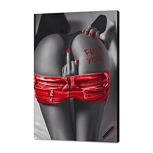 Modern Beautiful Sexy Buttocks and Slender Legs Wall Art HD Prints Fuck You Funny Sexy Girl Painting Sexy Red Skirt Canvas Posters Framed Ready to Hang for Living Room Bedroom Decor - 12"W x 16"H