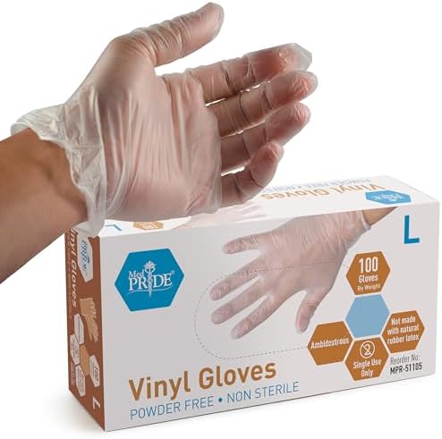 MED PRIDE Vinyl Gloves| Box of 100| 4.3 mil Thick, Powder-Free, Non-Sterile, Heavy Duty Disposable Gloves|