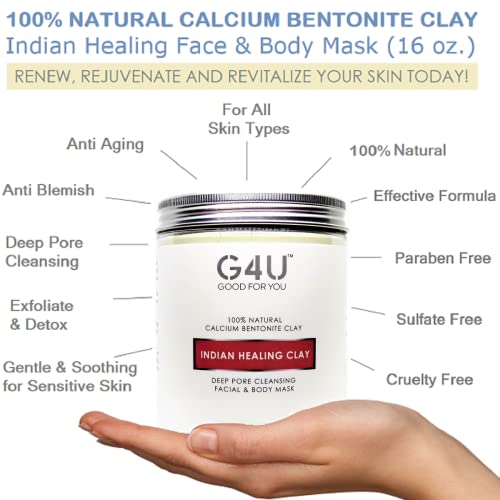 Indian Healing Clay Facial Mask And Body Mask With Calcium Bentonite By G4U For Deep Pore Cleansing. Facial And Body Clay Mask For Women And Men. For Use At Home, Spas And Salons. Large 1 Lb (16 Oz.) Pack. #TOP1