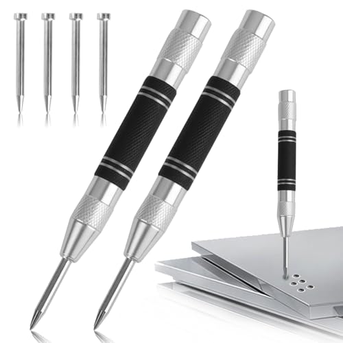 2Pcs Automatic Centre Punch Set, Adjustable Spring Loaded Metal Punch Tool with 4 Replacement Tips, Heavy Duty Center Punches for Metal Glass Wood Steel Precision Marking Tool for DIY & Drilling