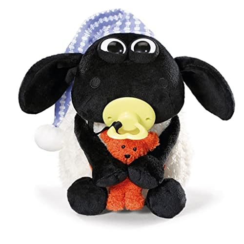 Nici 41470 The Sheep Shaun das Schaf Kuscheltier Timmy mit kleinem Bär, Schnuller und Schlafmütze, 25 cm, Farbe: Weiß/Schwarz