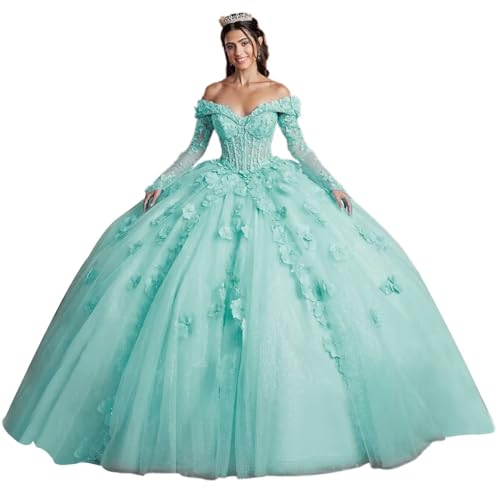 WDBFY Off Shoulder 3D Flowers Quinceanera Dresses with Sleeves Lace Beaded Sweet 16 Dress Puffy Long Prom Dress with Bow
