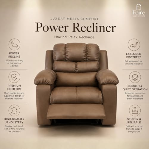 Image of Foire Electric Leather Recliner Chair with Swing & Rock Function | Relaxation Top Leather Reclining Armchair with Padded Headrest & Lumbar Support | Premium Comfort for Home, Office, Brown