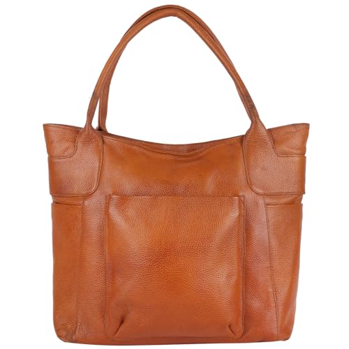 Image of Green Hide Zenya Genuine Leather Ladies Shoulder Side Bag Large Capacity Tan Brown Colour Classic Design Casual Formal Tote Handbag Double Top Handle Hobo Girls Women Purse for Travel Office