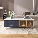 Modern Navy Blue Coffee Table with 2 Glass Door Storage, 4 Drawers, Gold Metal Legs, and Multi-Color Lighting in 47.2''