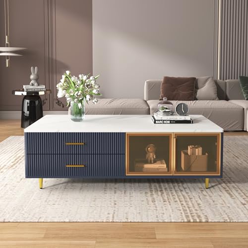 Modern Navy Blue Coffee Table with 2 Glass Door Storage,