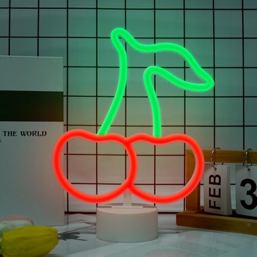 Image of Cherry Neon Sign with Base for Wall Decor Red Green Cherry Lights LED Signs Gift for Women Fruit Shape Neon Signs Cereza Birthday Party Home Living Room Decoration USB /Battery Powered