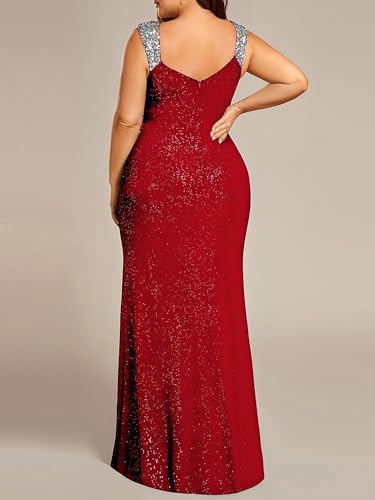 Image of Ever-Pretty Women's Glitter V Neck Sleeveless Plus Size Formal Dresses High Split Bodycon Prom Dress Evening Gowns