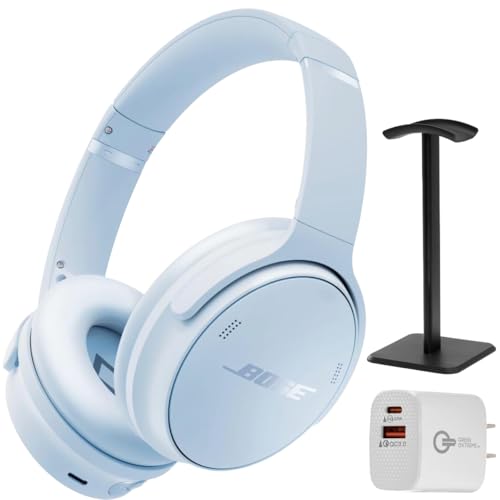 Image of Bose QuietComfort Headphones - Wireless Bluetooth Headphones, Active Over Ear Noise Cancelling and Mic, Deep Bass Bundle + Desktop Headphone Stand + Green Extreme Dual Wall Charger (Ice Blue)