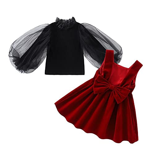 Mercatoo Meninas de inverno manga longa preta renda manga bufante top vermelho laço alça saia 2 peça