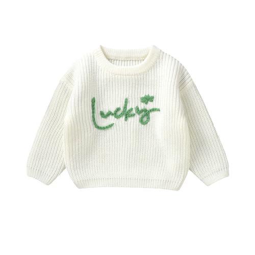Toddler Baby Girl St Patricks Day Outfit Lucky Shamrock Embroidery Clover Thick Sweater Winter Newborn Girl Clothes (White Lucky, 2-3 Years)