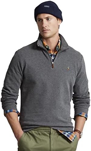 Polo Ralph Lauren Suéter masculino com zíper canelado, Cinza, XXG