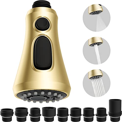Pull Down Faucet Sprayer Head 3 Function Sink Faucet Head Replacement With 9 Adapters Compatible With Moen Delta Kohler Faucet Head, Brushed Brass Gold Finished #TOP5