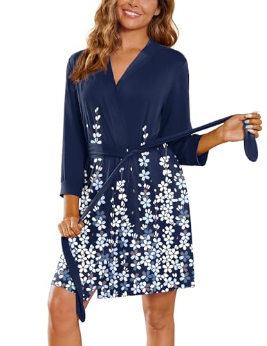 Image of Ekouaer Women's Robes Lightweight 3 /4 Sleeve Short Knit Bathrobe Soft Knee Length Sleepwear Robes with Pockets S-XXL