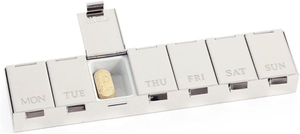 Bey-Berk Chrome Plated & Plastic Lined Pill Box With Days Of The Week, 6.15"L x 0.35"W x 1.35"H