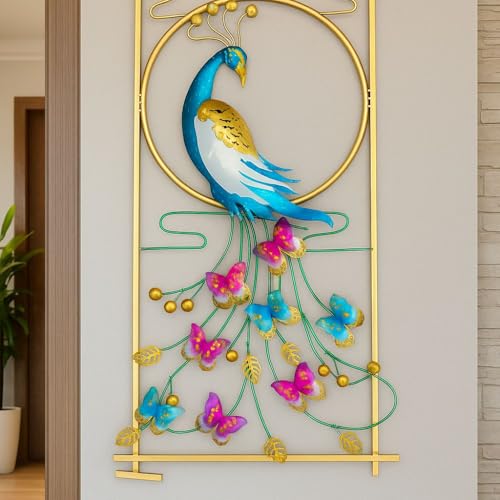 Image of Framing Hub Multicolor Metal Peacock Wall Art Decor Showpiece | Stylish Interior Wall Hanging Showpiece Perfect for Living Room Bedroom Kitchen Office (Size 22x42 Inch)