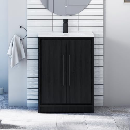 Royal Bathrooms 600mm Floor Standing Bathroom Vanity Unit Ceramic Basin 2 Doors Storage Cabinet Furniture - Black Woodgrain with Matt Black Handle